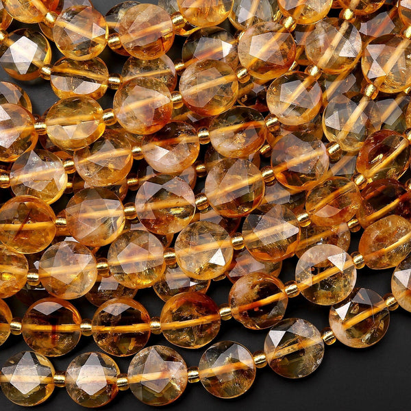 AAA Natural Citrine Faceted Coin 10mm 12mm Beads Gemmy Intense Golden Yellow Gemstone Beads 15.5" Strand