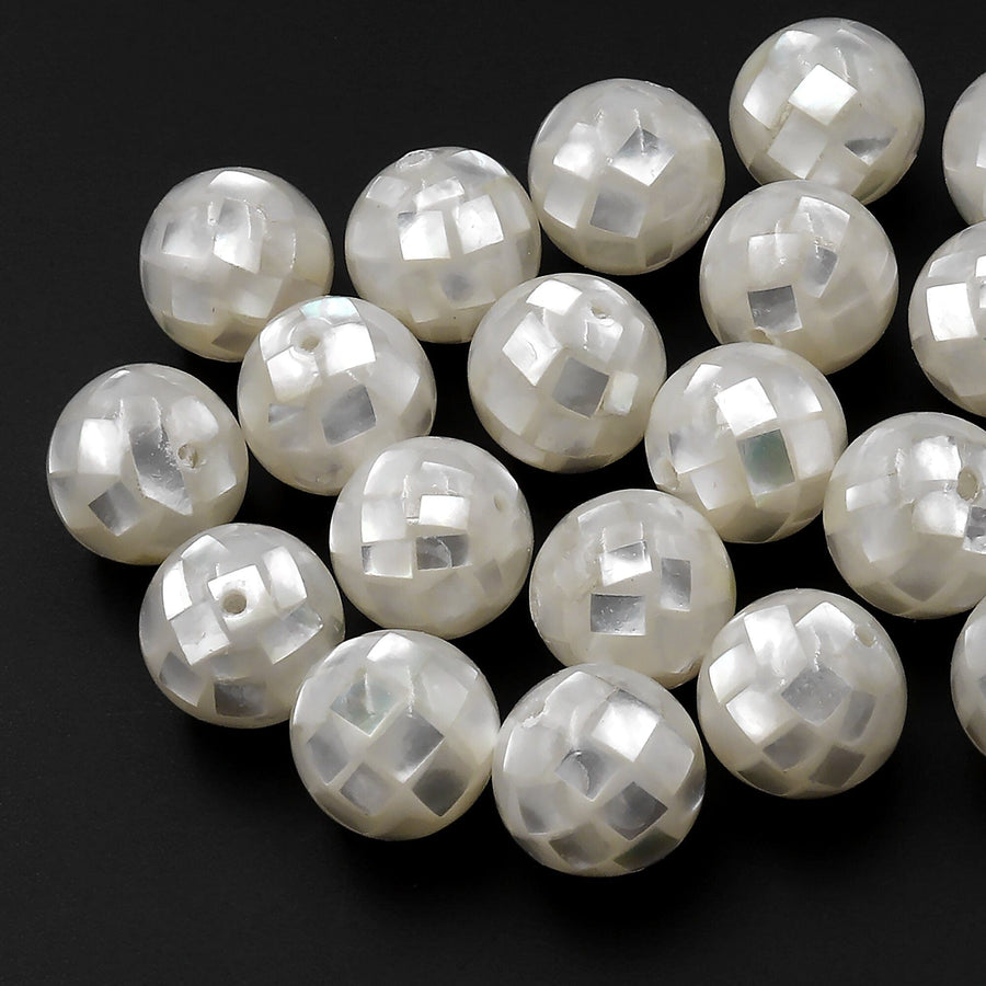 10pcs Hand Made Natural White Mother of Pearl Mosaic Round Loose Beads 8mm 10mm 12mm 14mm