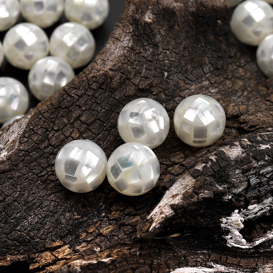 10pcs Hand Made Natural White Mother of Pearl Mosaic Round Loose Beads 8mm 10mm 12mm 14mm