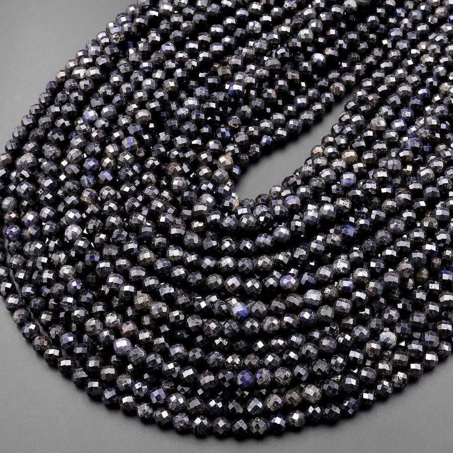 Natural Smoky Gray Blue Sapphire Round Beads 4mmFaceted Round Beads Gemstone 15.5" Strand