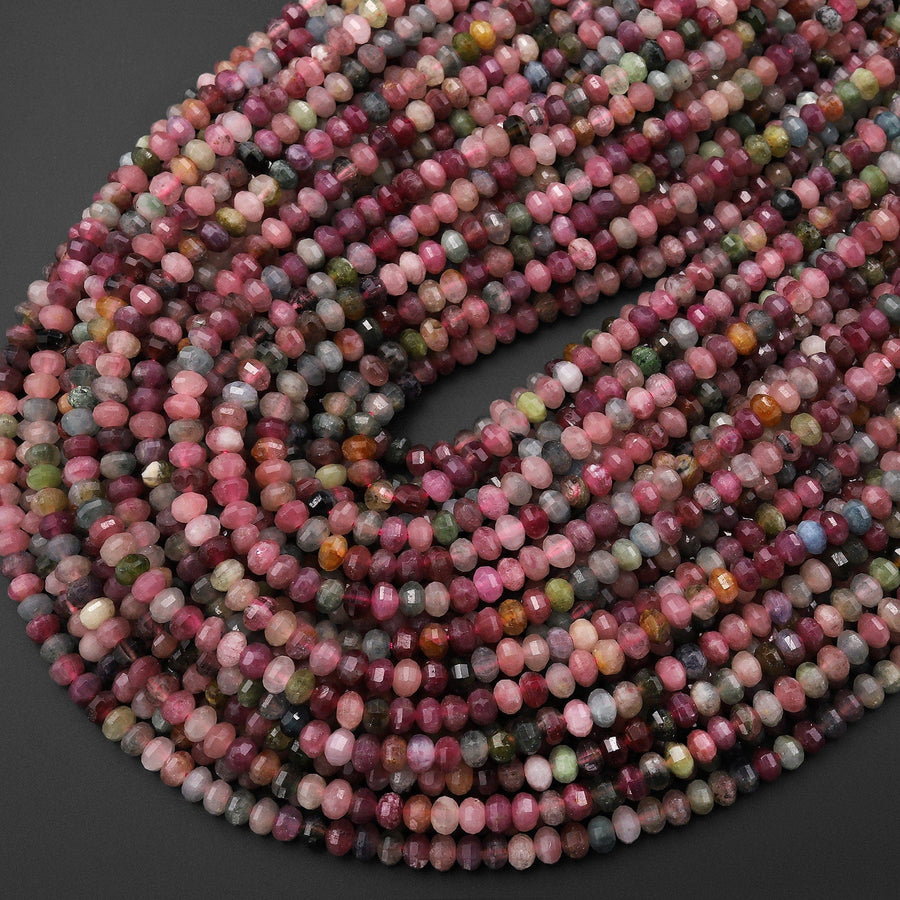 AAA Natural Multicolor Watermelon Tourmaline Micro Faceted 4mm Lantern Rondelle Beads Pink Green Gemstone 15.5" Strand