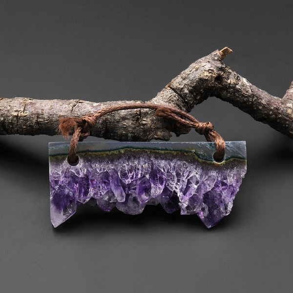 2 Hole Pendant Natural Green Purple Amethyst Crystal Stalactite Druzy Pendant Drilled Long Rectangle