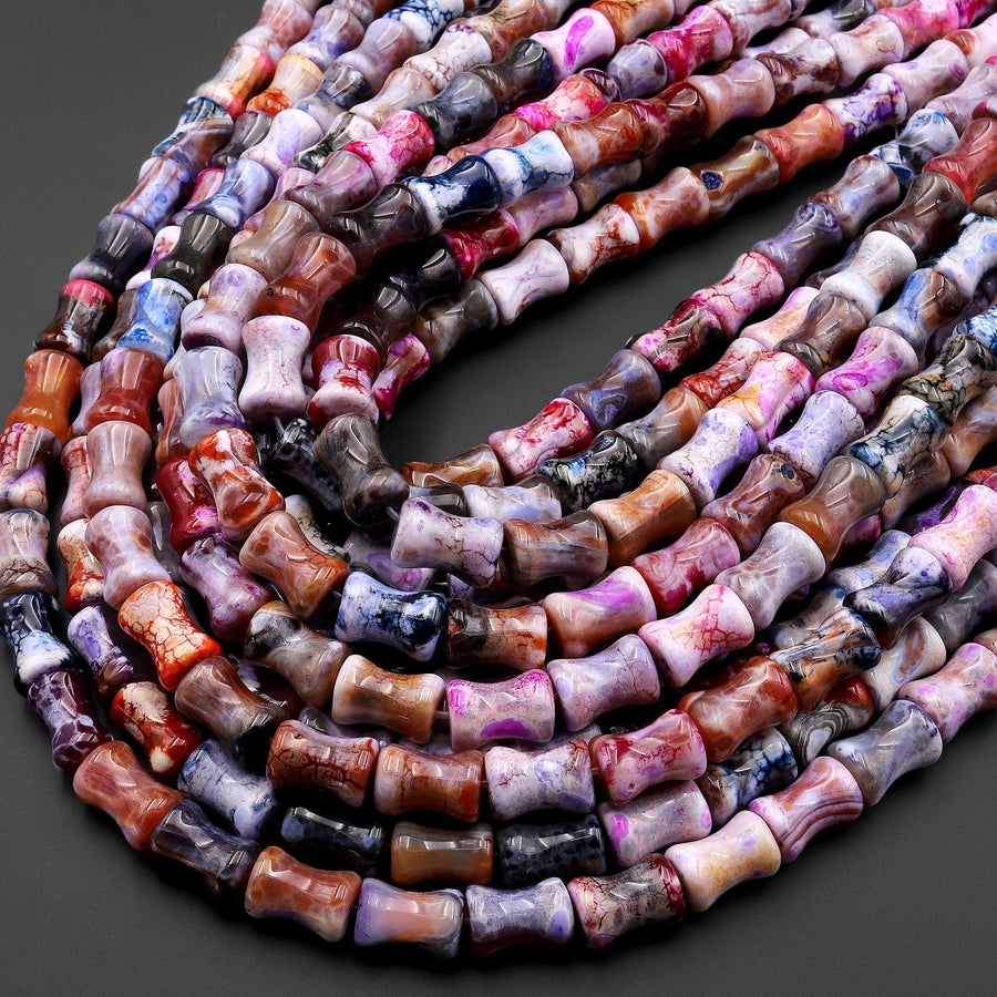 Natural Fantasy Fire Agate Bamboo Stem Tube Cylinder Beads 15" Strand