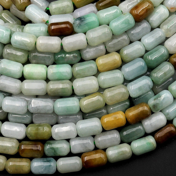 AAA Natural Green Yellow Brown Burma Jade Thin Smooth Tube Cylinder Beads 15.5" Strand
