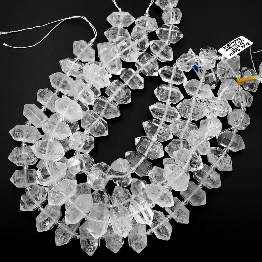 Natural Rock Crystal Quartz Beads Faceted Double Terminated Points Drilled Healing Crystal Focal Pendant Bead 15.5" Strand