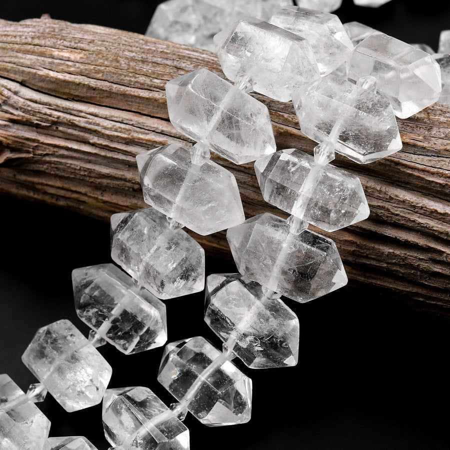 Natural Rock Crystal Quartz Beads Faceted Double Terminated Points Drilled Healing Crystal Focal Pendant Bead 15.5" Strand