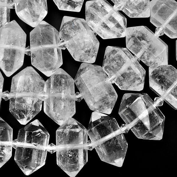Natural Rock Crystal Quartz Beads Faceted Double Terminated Points Drilled Healing Crystal Focal Pendant Bead 15.5" Strand