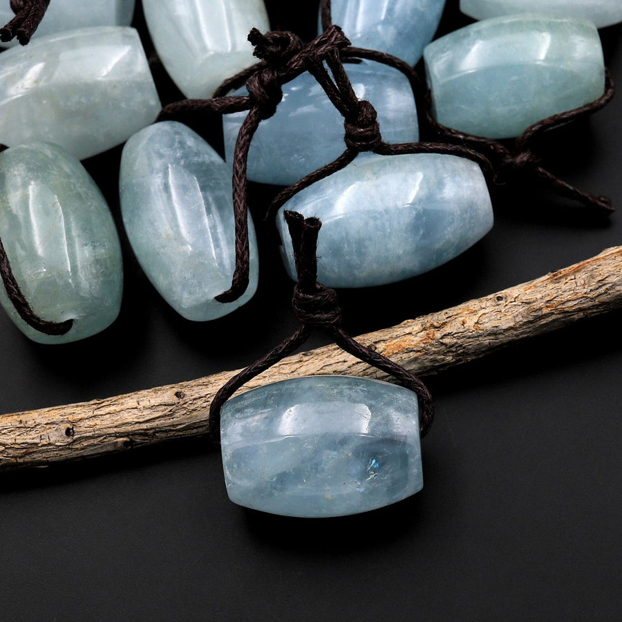 Large Natural Light BLue Aquamarine Drum Barrel Cylinder Gemstone Focal Bead Pendant A1