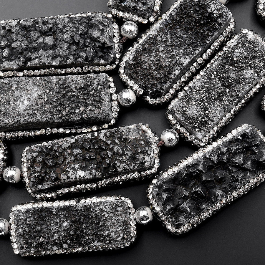 Natural Mystic Smoky Black Agate Druzy Drusy Beads Long Rectangle Rhinestone Inlay 8" Strand