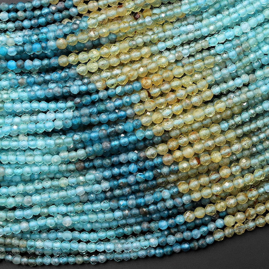Natural Blue Yellow Apatite 2mm Faceted Round Beads Micro Faceted Multi Color Shade Gemstone 15.5" Strand