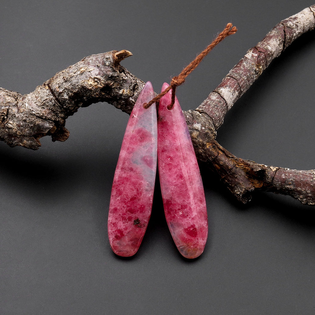 Natural Red Pink Rhodonite In Quartz Earring Pair Teardrop Cabochon Drilled Matched Gemstone Beads A1