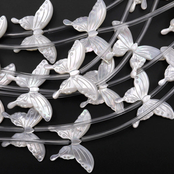 AAA Iridescent Carved Natural White Mother of Pearl Shell Cute Butterfly Beads Choose from 5pcs, 10pcs
