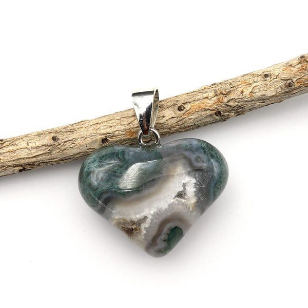 AAA Natural Green Moss Agate Gemstone Puffy Heart Pendant Natural Crystal Focal Bead A5