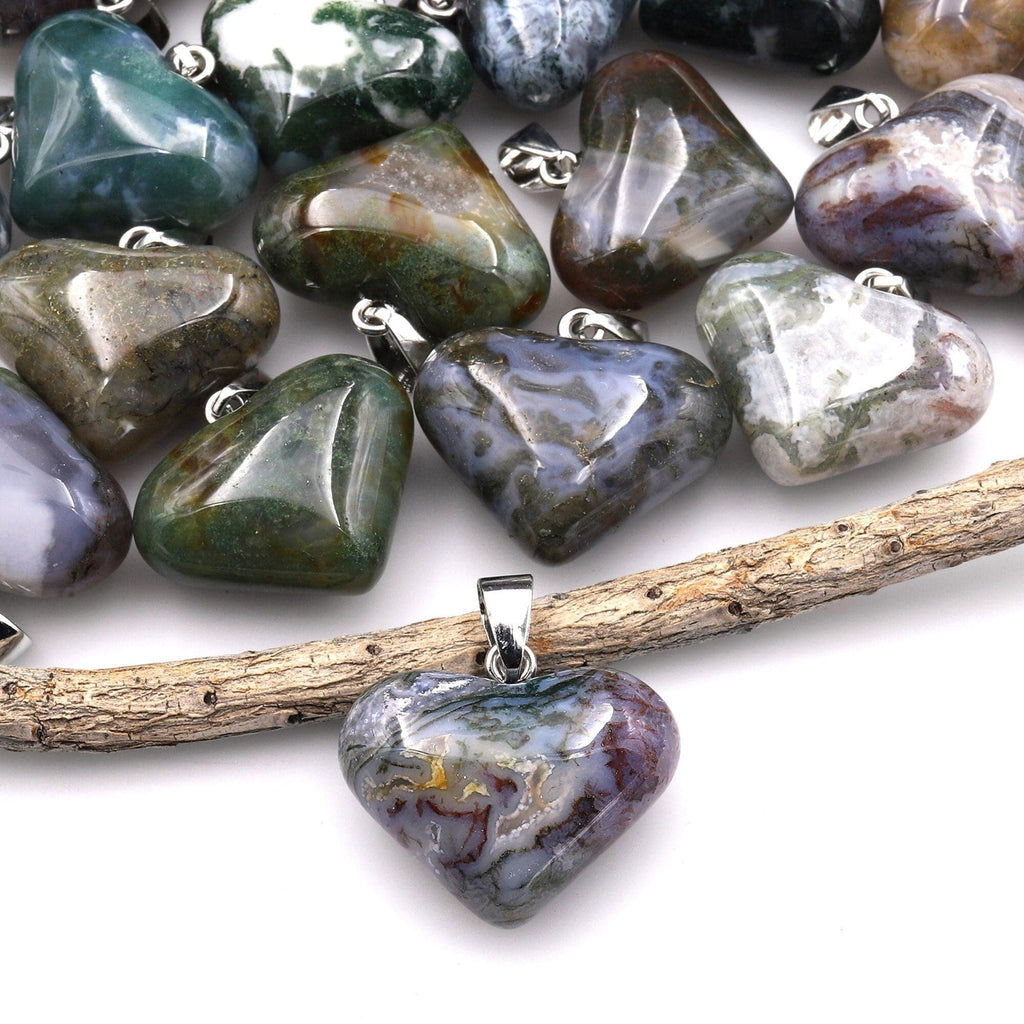 AAA Natural Rainbow Moss Agate Gemstone Puffy Heart Pendant Natural Crystal Focal Bead