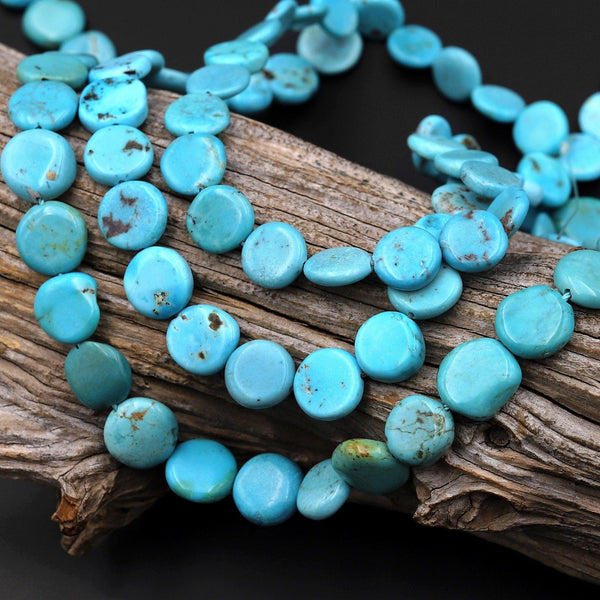 Natural American Turquoise Beads Thin Flat Coin 10mm Real Genuine Stunning Blue Gemstone 15.5" Strand