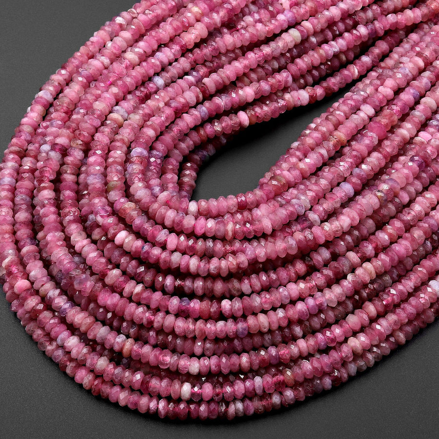 Faceted Natural Pink Tourmaline Thin Rondelle 4mm Beads Gemstone 15.5" Strand