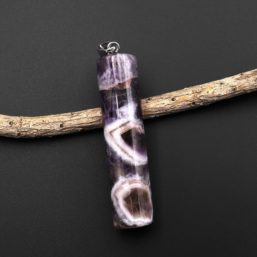 Natural Chevron Amethyst Long Cylinder Pendant Natural Crystal Focal Bead