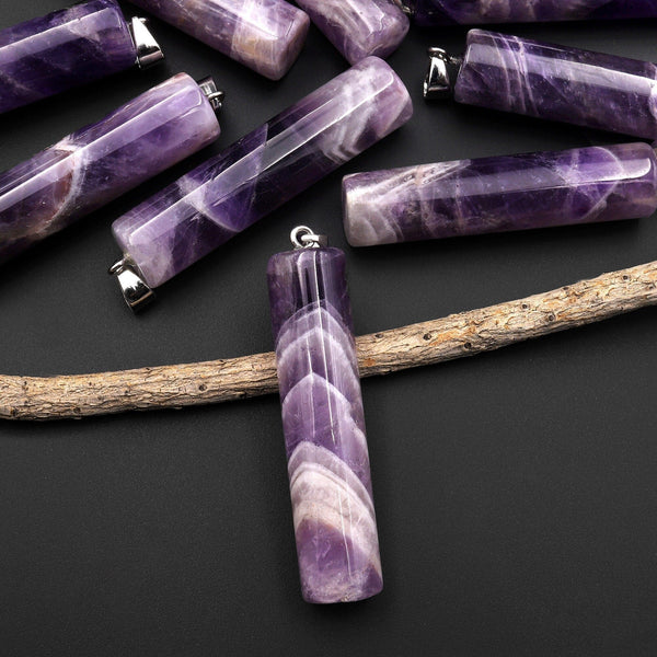 Natural Chevron Amethyst Long Cylinder Pendant Natural Crystal Focal Bead A1