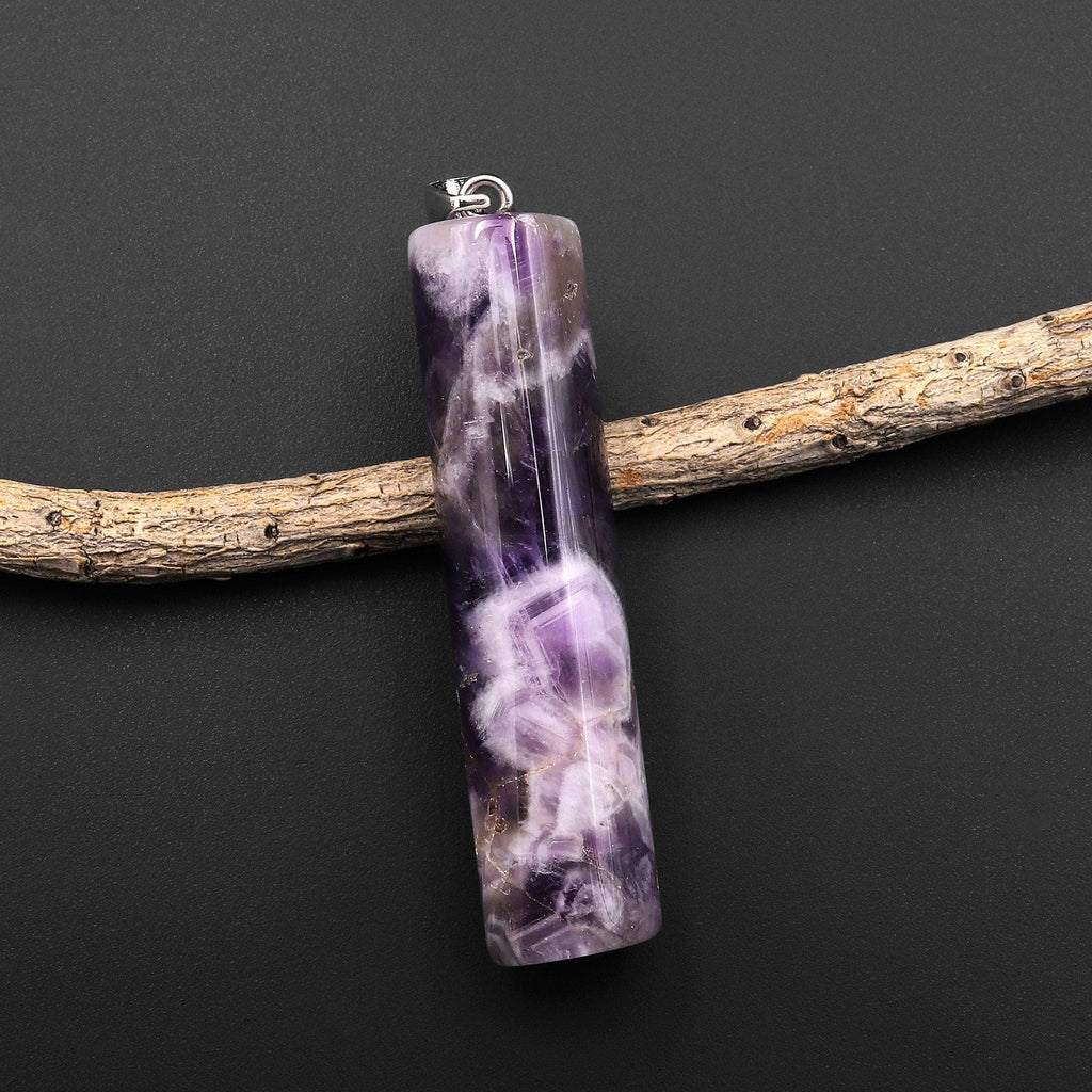 Natural Chevron Amethyst Long Cylinder Pendant Natural Crystal Focal Bead A3