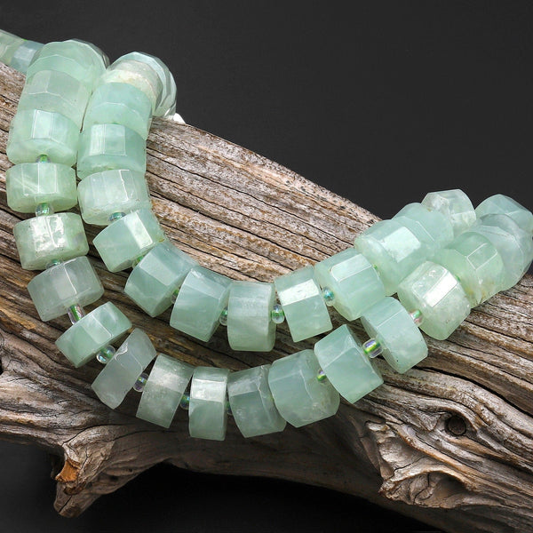 Faceted Natural Green Prehnite Wheel Thick Rondelle 12mm Center Drilled Disc Gemstone 15.5" Strand