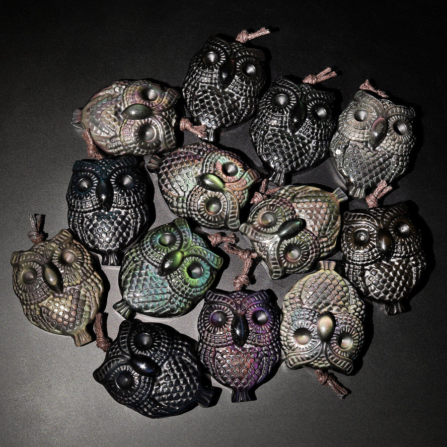 Hand Carved Natural Black Rainbow Obsidian Owl Pendant Gemstone Focal Bead