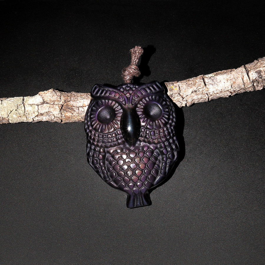 Hand Carved Natural Black Rainbow Obsidian Owl Pendant Gemstone Focal Bead A2