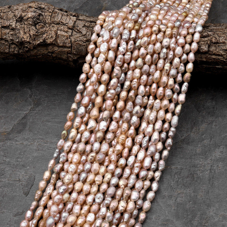 Genuine Freshwater Baroque Rice Pearl Shimmery Iridescent Peach Pink Mauve Purple Golden Apricot 15.5" Strand