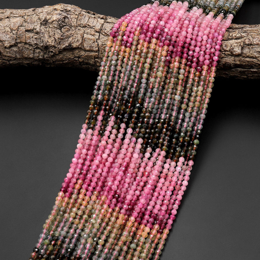 AAA Natural Tourmaline Micro Faceted 3mm Round Multicolor Pink Green Blue Golden Yellow Cognac Gemstone Beads 15.5" Strand