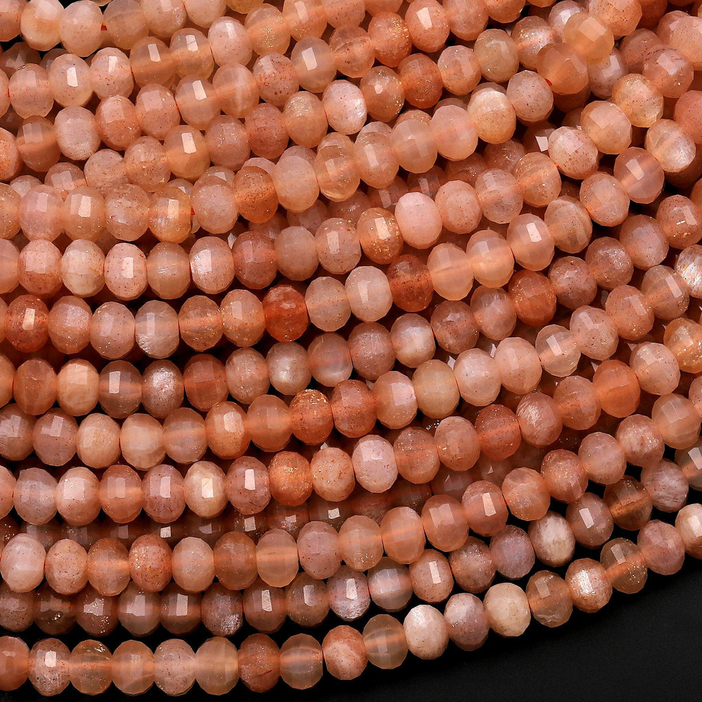 AAA Micro Faceted Natural Peach Moonstone 4mm Lantern Rondelle Gemstone Beads 15.5" Strand