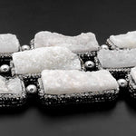 Natural White Agate Druzy Drusy Beads Long Rectangle Rhinestone Inlay 8" Strand