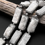 Natural White Agate Druzy Drusy Beads Long Rectangle Rhinestone Inlay 8" Strand