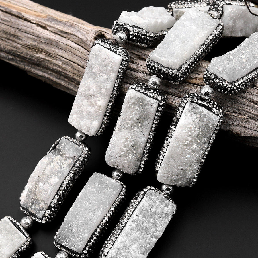 Natural White Agate Druzy Drusy Beads Long Rectangle Rhinestone Inlay 8" Strand