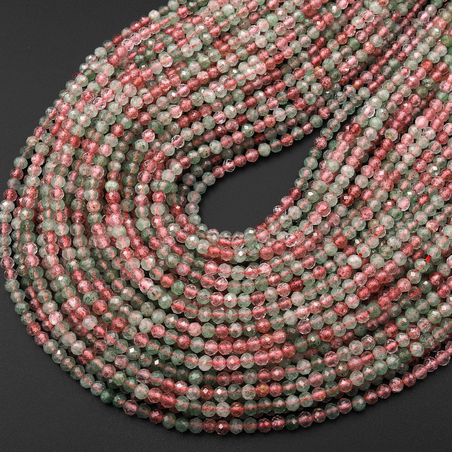 Natural Strawberry Quartz Faceted 3mm Round Beads Micro Laser Cut Watermelon Pink Green Gemstone 15.5" Strand