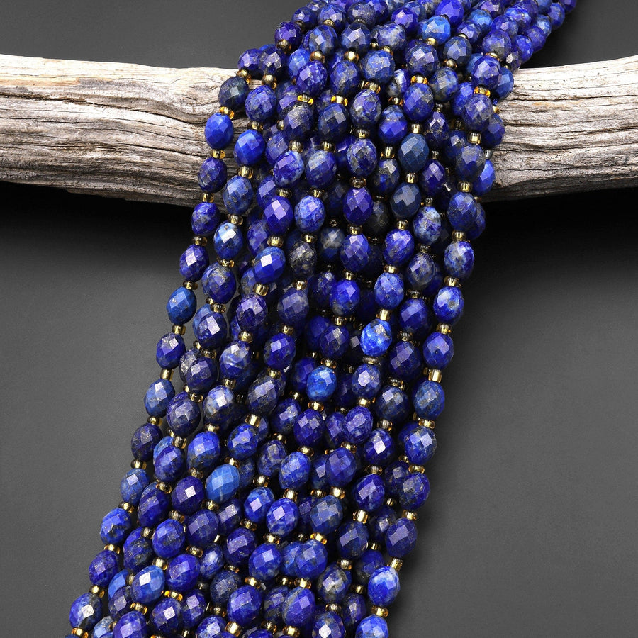 Flashy Natural Lapis Faceted Drum Barrel Rice Beads 15.5" Strand