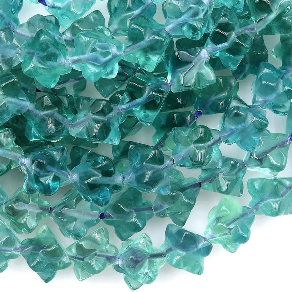 Natural Blue Green Fluorite Cross Flower Beads 10mm 3D Carving
