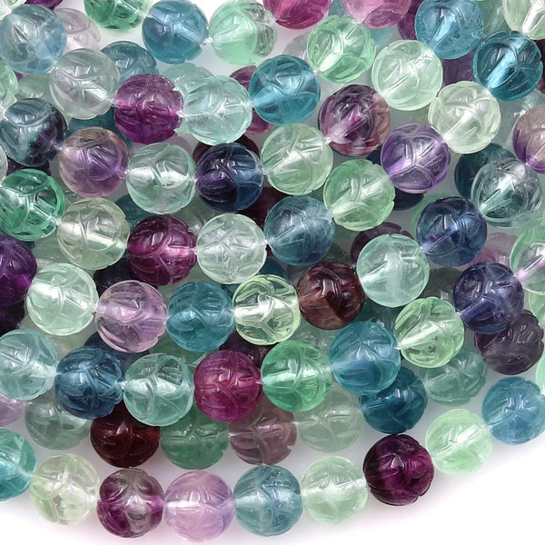 Natural Green Purple Blue Fluorite Hand Carved Lotus Flower Round Beads 8mm 3D