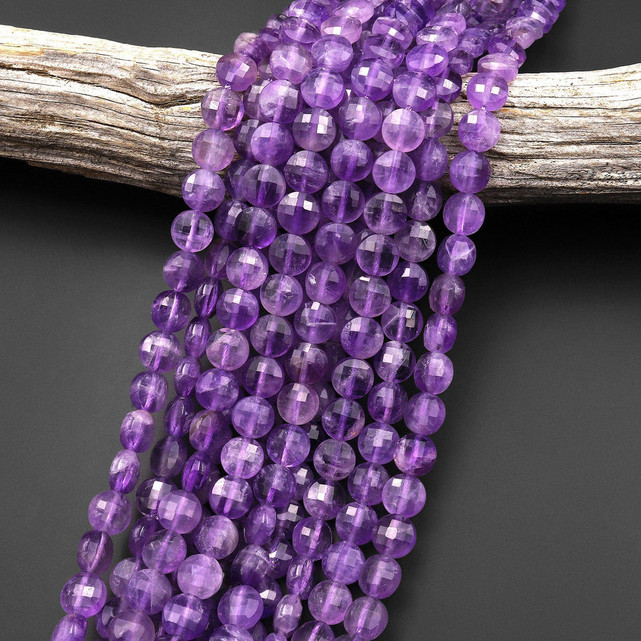 Faceted Natural Light Purple Amethyst 8mm Coin Beads 15.5" Strand