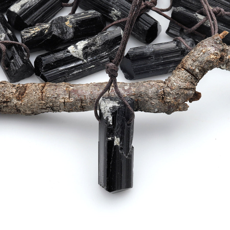 Natural Black Tourmaline Pendant W/ White Calcite Matrix Side Drilled High Energy Gemstone