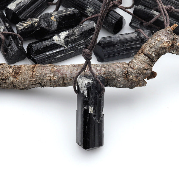 Natural Black Tourmaline Pendant W/ White Calcite Matrix Side Drilled High Energy Gemstone A2