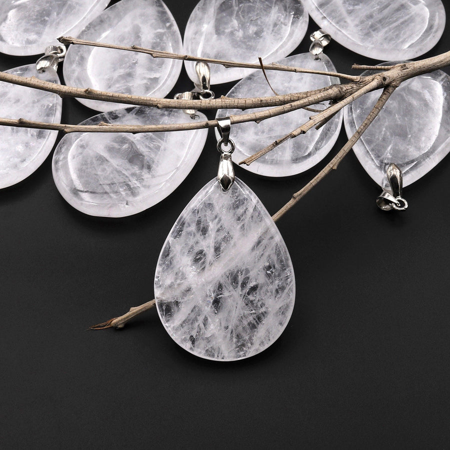 Natural Clear White Rock Crystal Quartz Teardrop Pendant