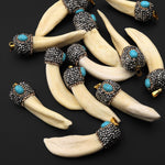 Wild and Exotic Real Wolf Tooth Pendant Sparkling Rhinestone Blue Turquoise