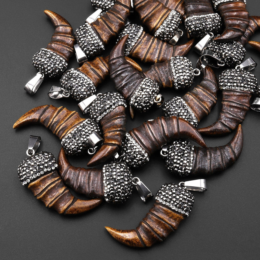 Wild and Exotic Carved Bear Claw Pendant Sparkling Rhinestone