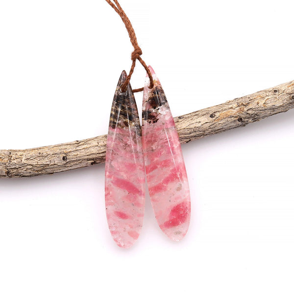 Gemmy Natural Red Pink Rhodonite In Quartz Black Matrix Earring Pair Teardrop Cabochon Drilled Matched Gemstone Beads A2