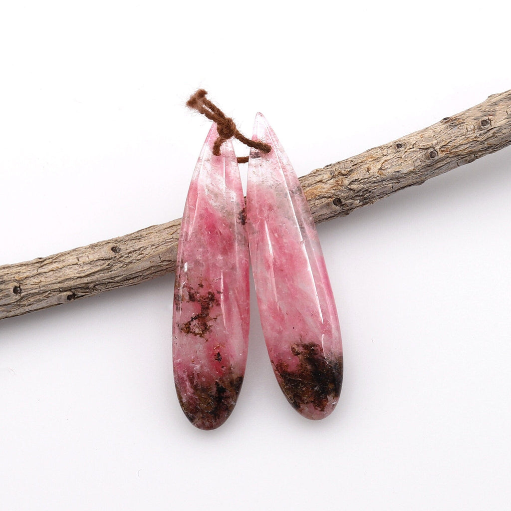 Gemmy Natural Red Pink Rhodonite In Quartz Black Matrix Earring Pair Teardrop Cabochon Drilled Matched Gemstone Beads A3