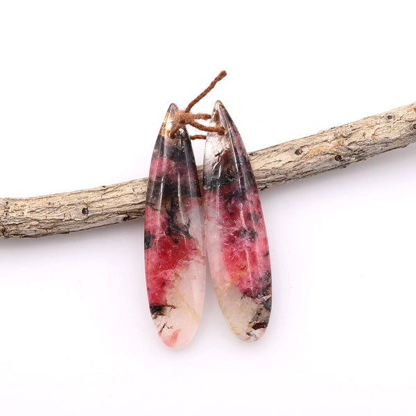 Gemmy Natural Red Pink Rhodonite In Quartz Black Matrix Earring Pair Teardrop Cabochon Drilled Matched Gemstone Beads A4