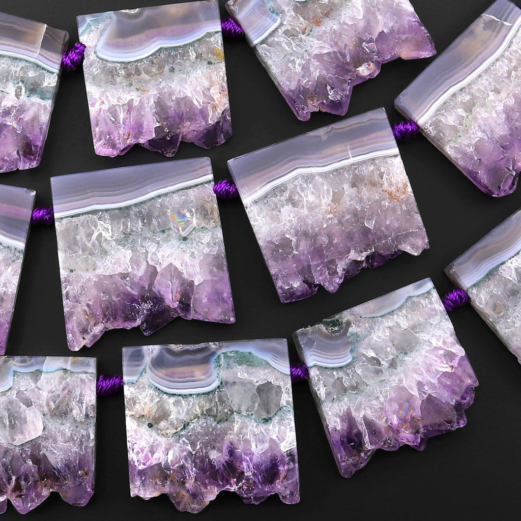 Rare Natural Purple Green Amethyst Slice Pendants Focal Beads Top Side Drilled Gemstone 15.5" Strand