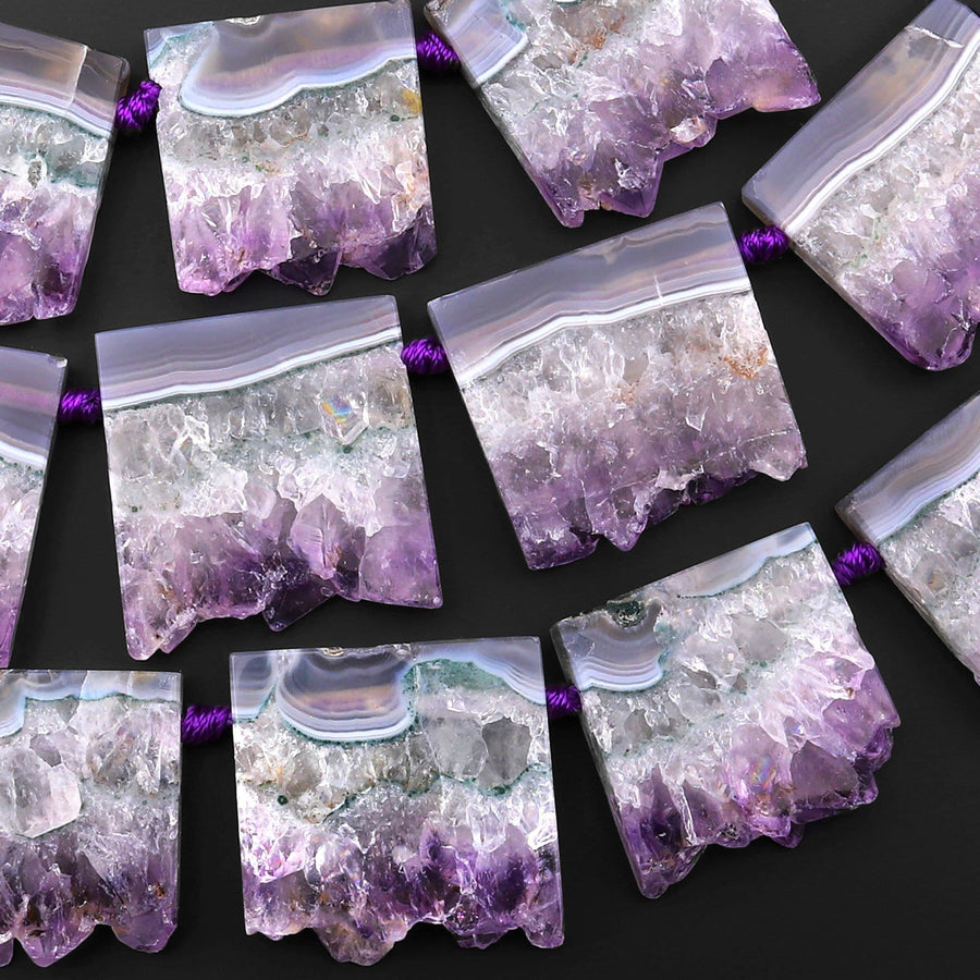 Rare Natural Purple Green Amethyst Slice Pendants Focal Beads Top Side Drilled Gemstone 15.5" Strand