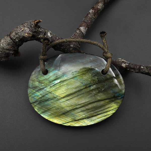 2 Hole Pendant AAA Large Natural Labradorite Oval Pendant Nothing But Fire P0301