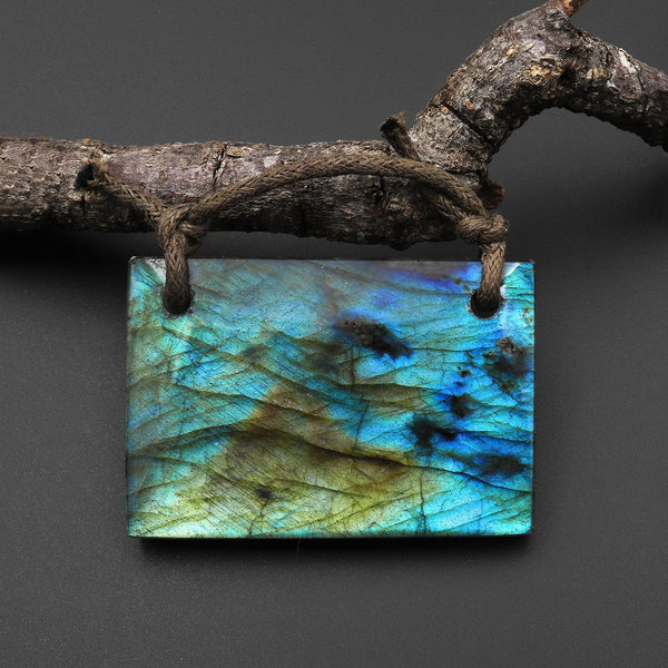 2 Hole Pendant AAA Large Natural Labradorite Rectangle Pendant Nothing But Fire P0304