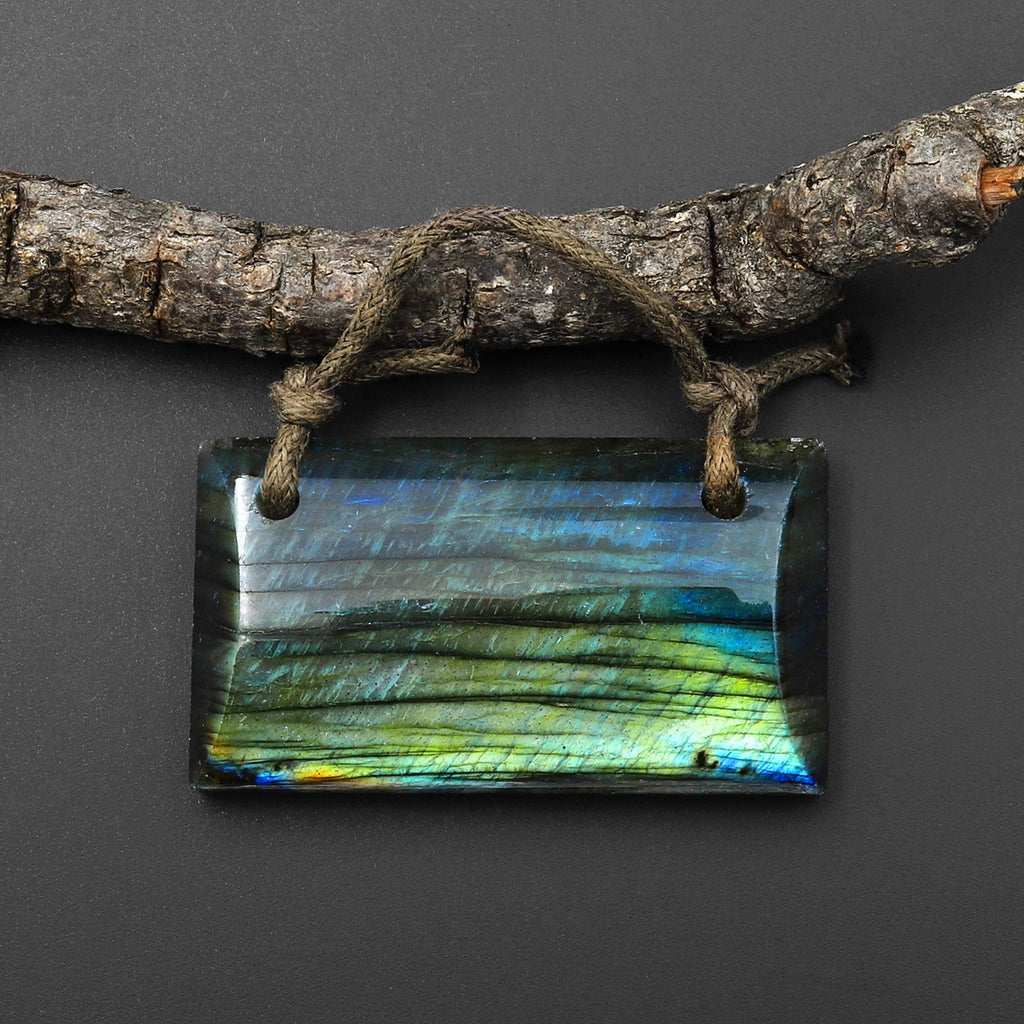 2 Hole Pendant AAA Large Natural Labradorite Rectangle Pendant Nothing But Fire P0312